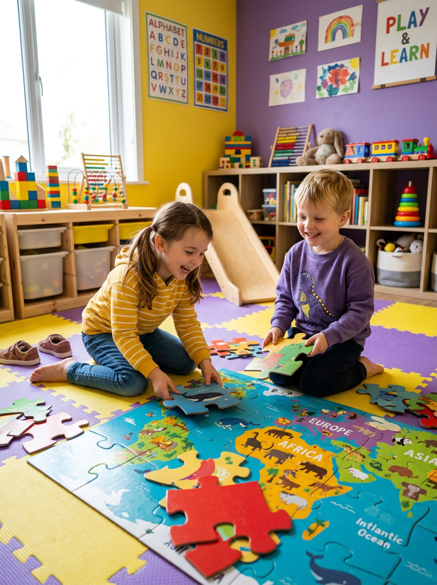 Niños jugando puzzle gigante en zona kids